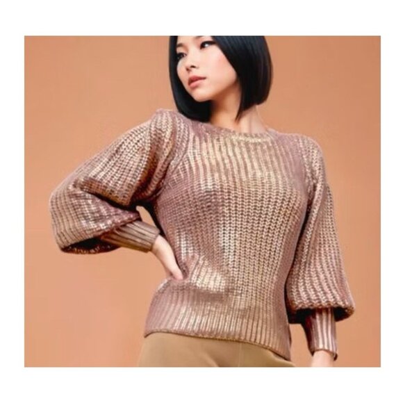Jodifl Metallic Pink Gold Knit Sweater Ballooon Sleeves Ribbed Size S Party Cozy - Picture 12 of 12